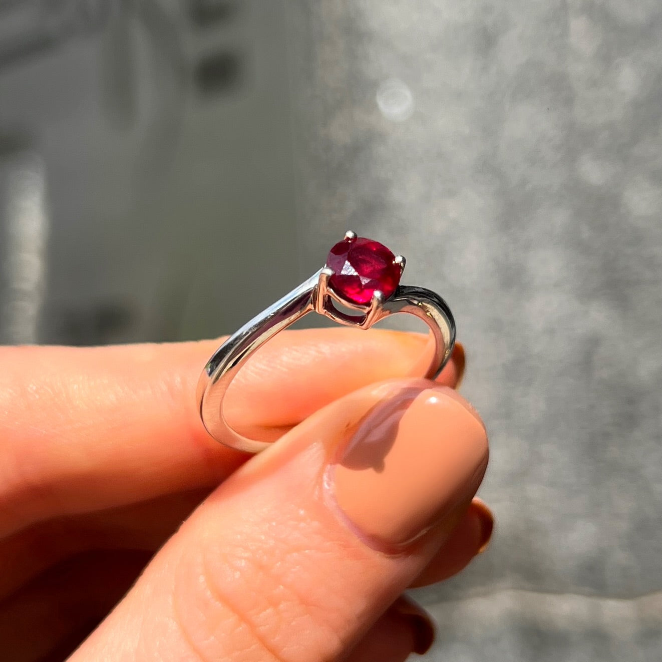 Minimalist Dainty Sterling Silver Brilliant Cut Red Ruby Ring - Size R