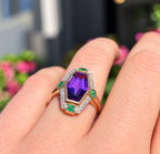 Art Deco Reproduction Amethyst Emerald and Diamond 9ct Yellow Gold Ring | Size N