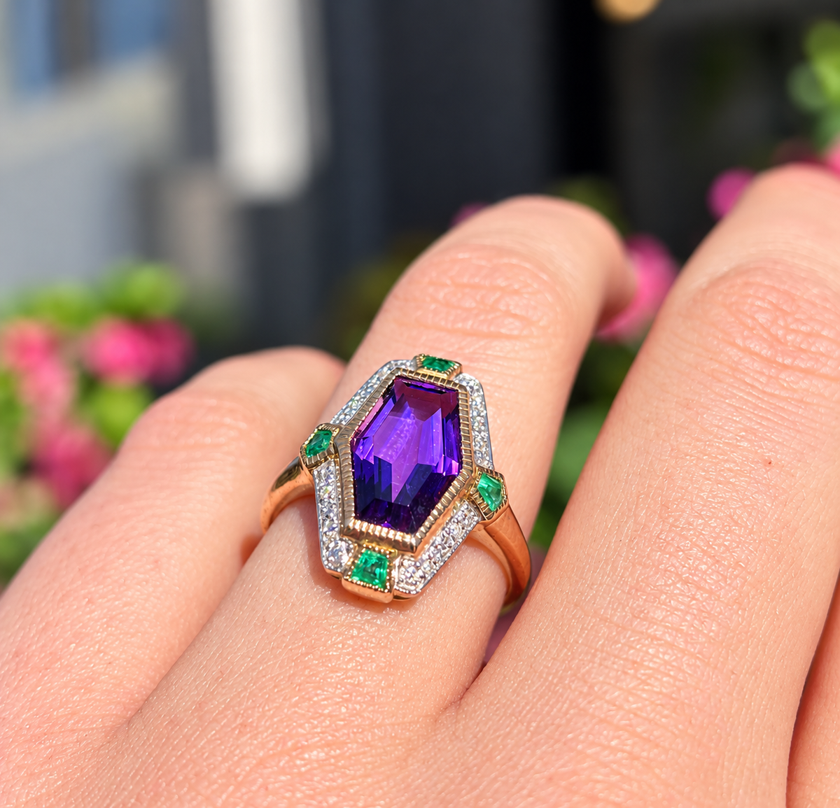 Art Deco Reproduction Amethyst Emerald and Diamond 9ct Yellow Gold Ring | Size N