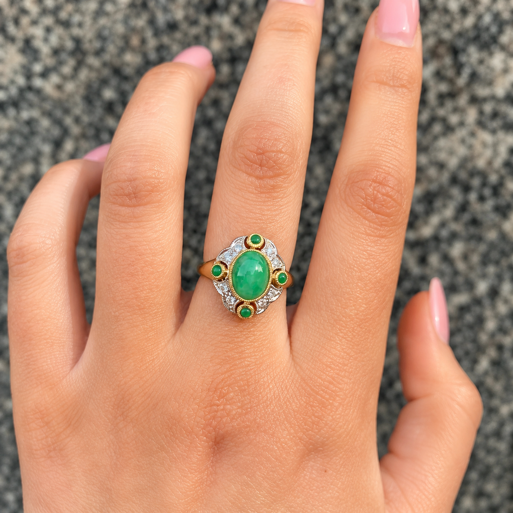 Jade and Diamond Art Deco Reproduction 9ct Yellow Gold Ring