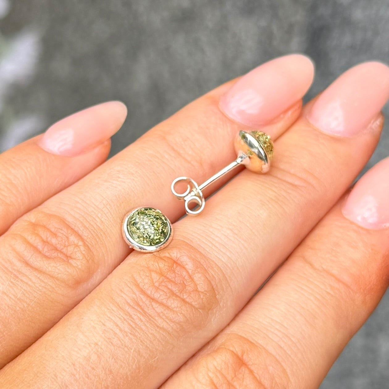 Green Amber Sterling Silver Round Stud Earrings