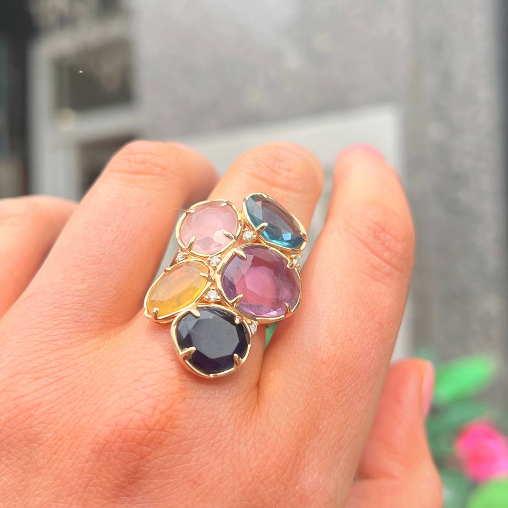 Rose Quartz, Iolite, Amethyst, Topaz, Opal and Diamond 14ct Rose Gold Chunky Ring | Peroni & Parise