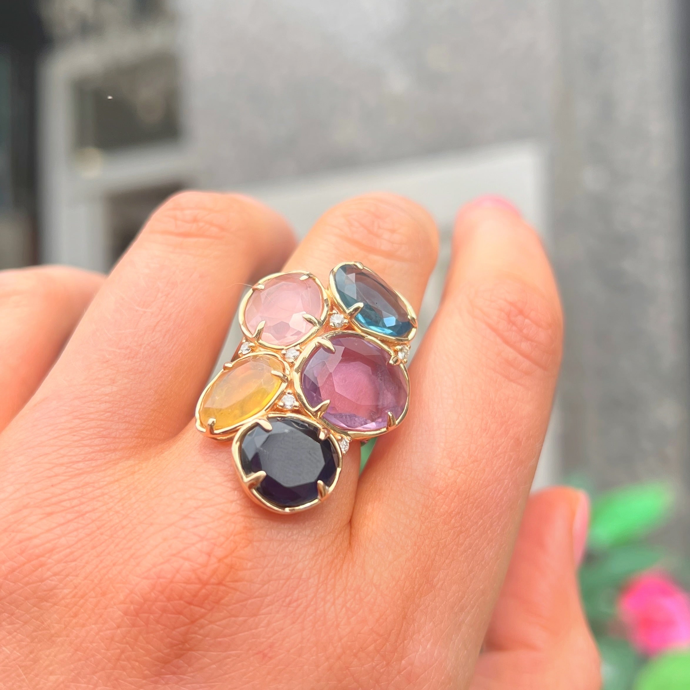 Rose Quartz, Iolite, Amethyst, Topaz, Opal and Diamond 14ct Rose Gold Chunky Ring | Peroni & Parise