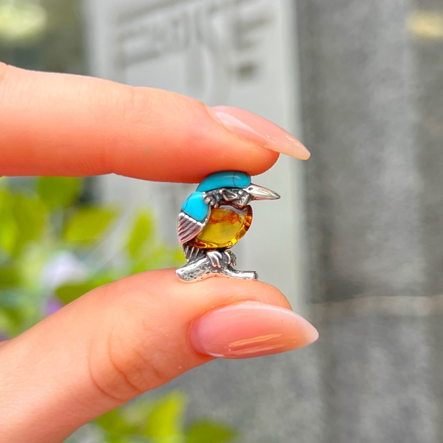 Sterling Silver Orange Amber & Blue Turquoise Bird Design Stud Earrings