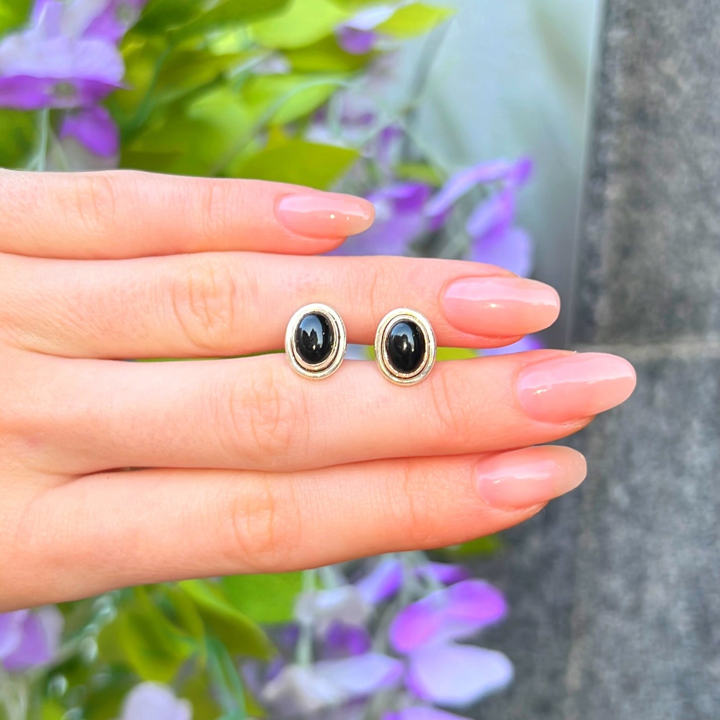 Sterling Silver Black Onyx Oval Stud Earrings