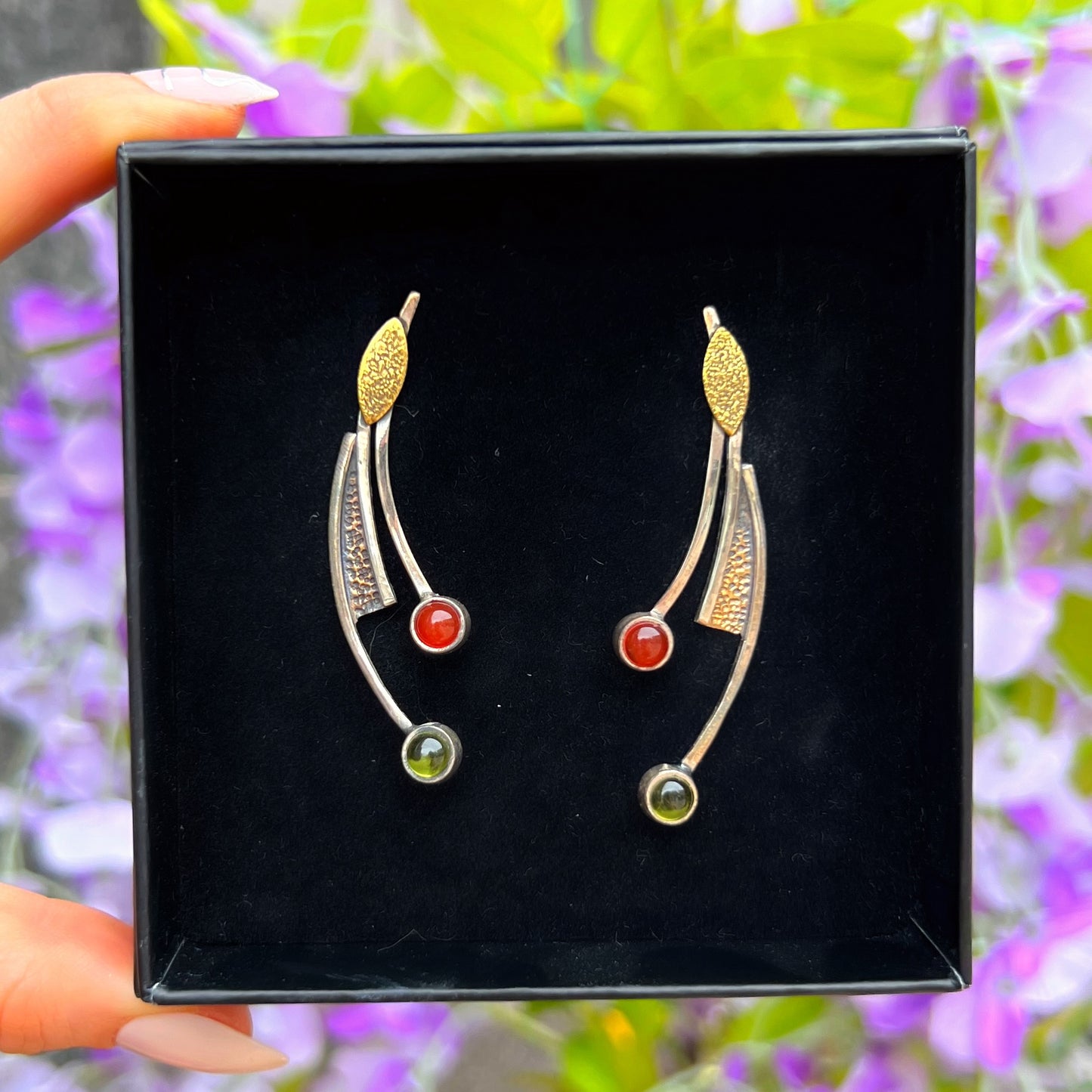 Unique Rustic Sterling Silver Peridot & Carnelian Drop Earrings