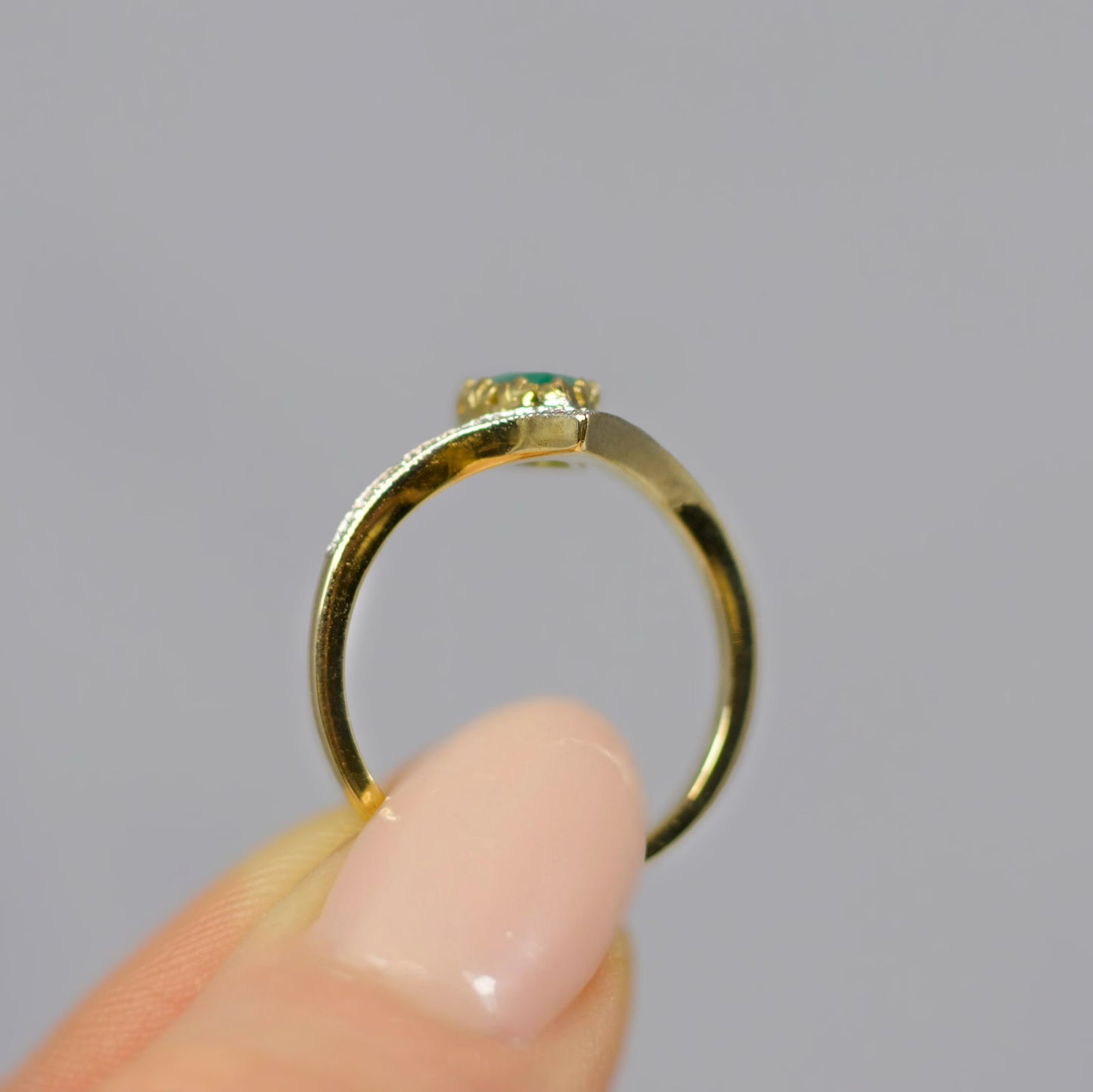 'Ariel' Ring - 9ct Yellow Gold Emerald and Diamond Wishbone Size N ½