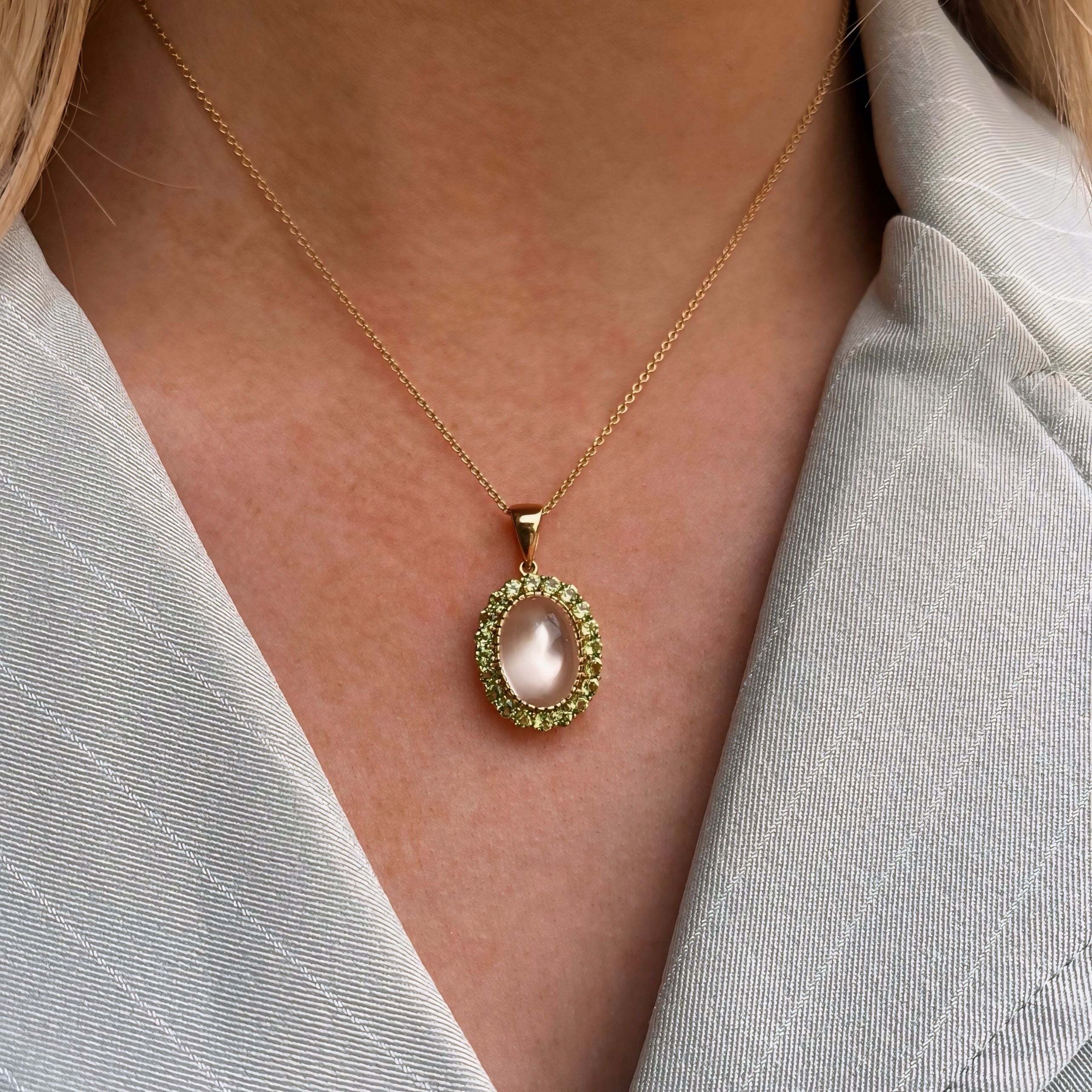 Moonstone and Peridot 9ct Yellow Gold Halo Necklace