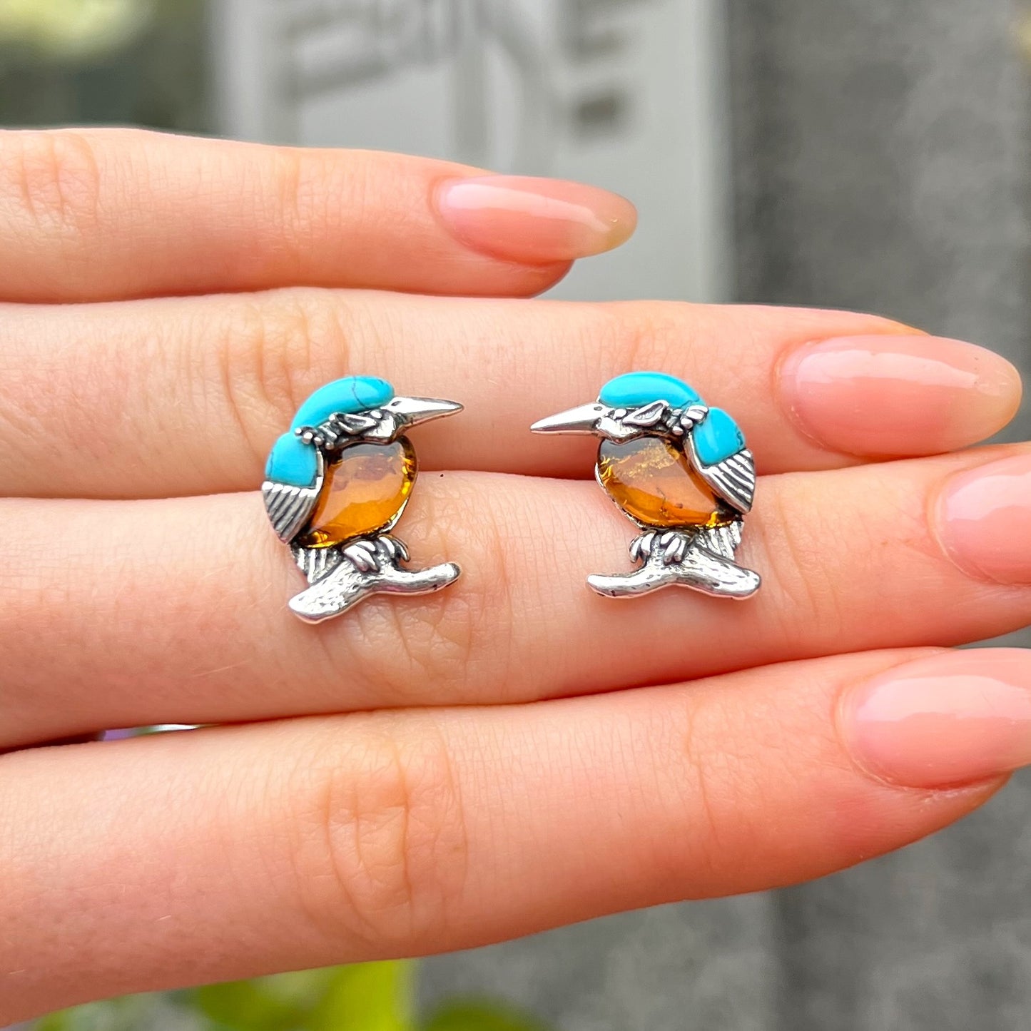 Sterling Silver Orange Amber & Blue Turquoise Bird Design Stud Earrings