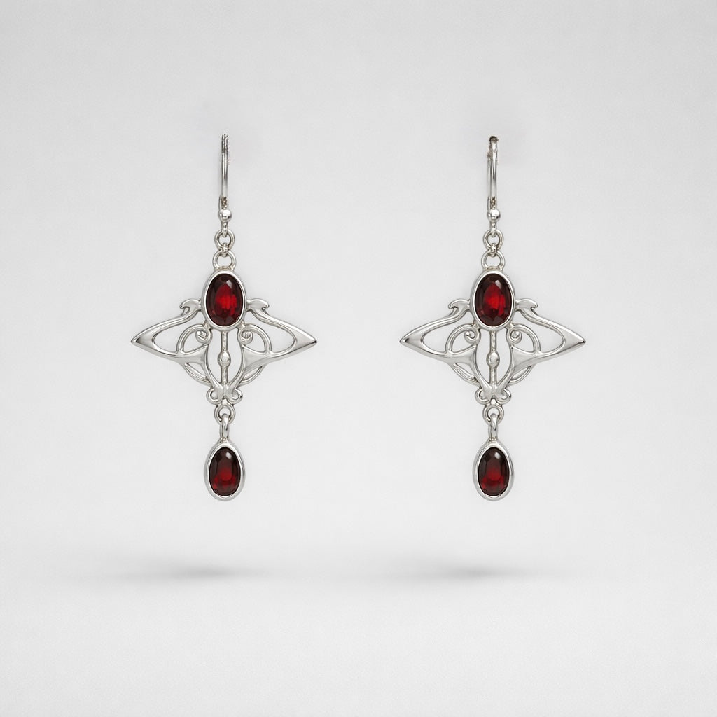 Garnet Sterling Silver Art Nouveau Inspired Drop Earrings