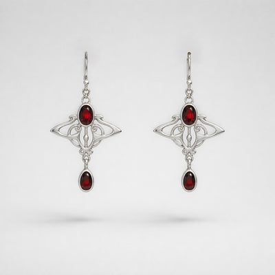Garnet Sterling Silver Art Nouveau Inspired Drop Earrings