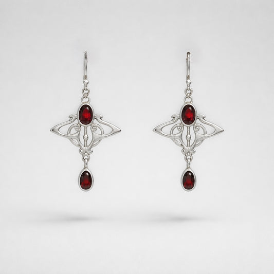 Red Garnet Sterling Silver Art Nouveau inspired Drop Earrings
