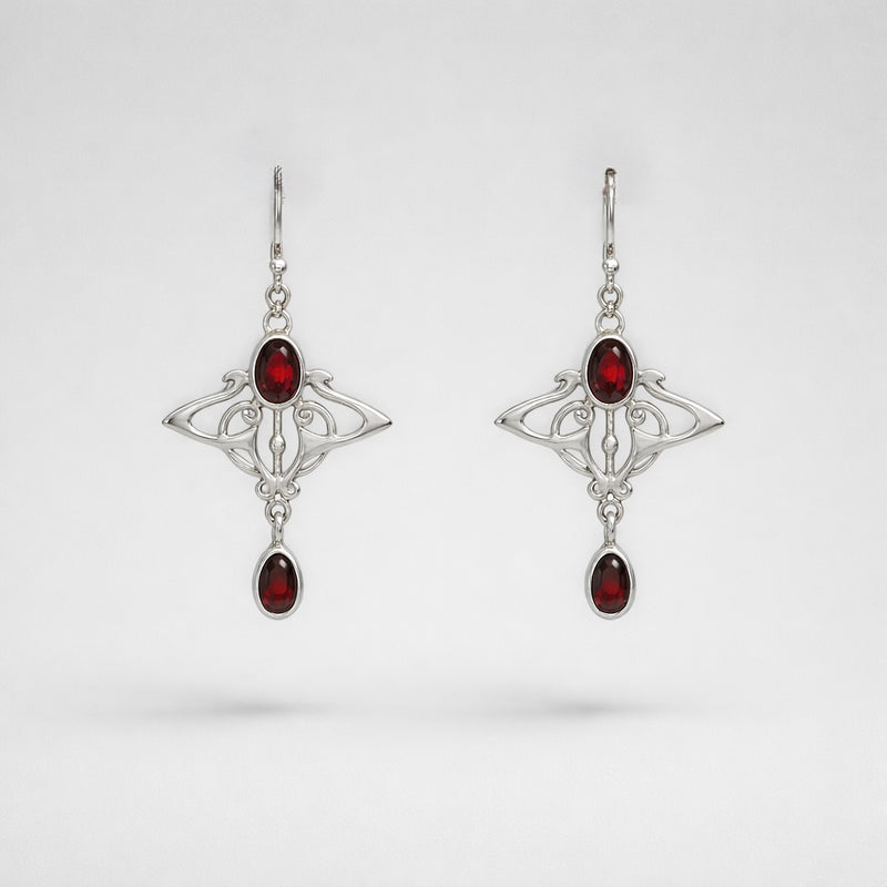 Red Garnet Sterling Silver Art Nouveau inspired Drop Earrings