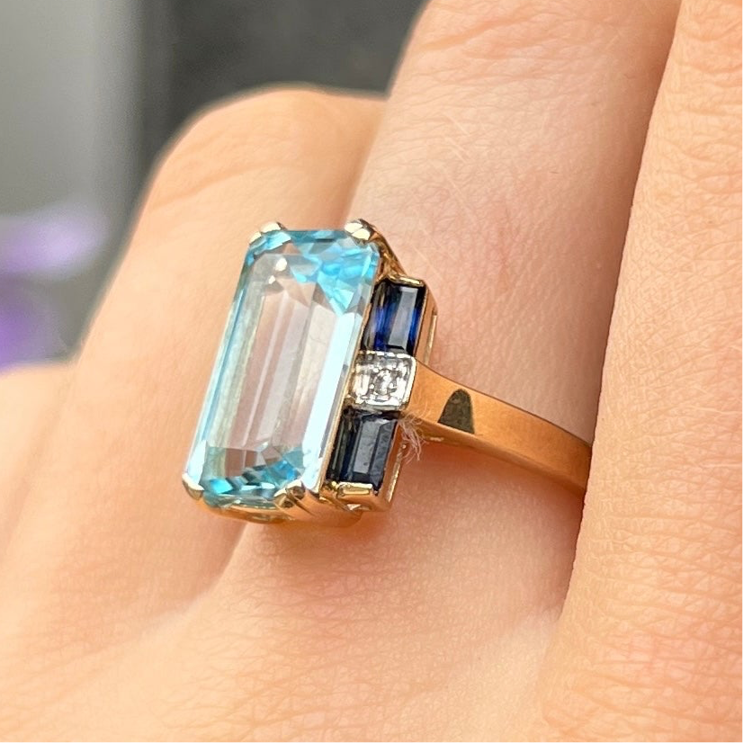 9ct Yellow Gold Blue Topaz, Sapphire and Diamond Ring - Size O