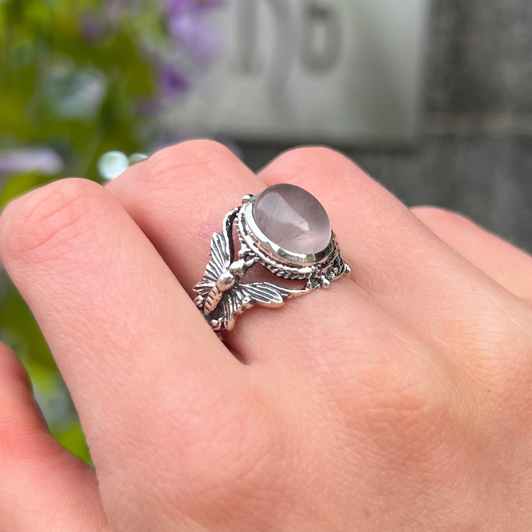 Butterfly Shoulder Rose Quartz Sterling Silver Ring | Size R