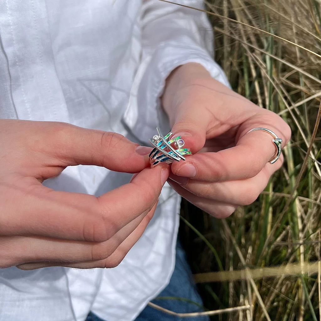 Pre-Order | Sterling Silver Wild Grasses Moonstone & Cubic Zirconia Ring in Meadow Enamel | Sheila Fleet