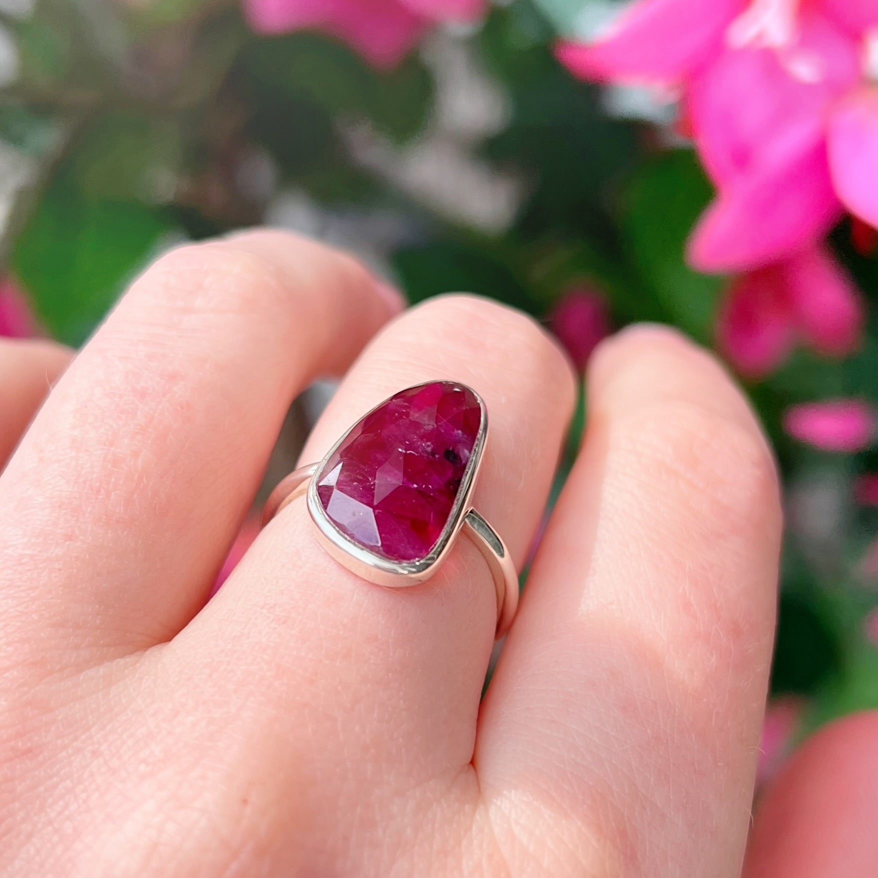 Rare Checkerboard Faceted Irregular-Shaped Ruby Sterling Silver Ring | Size O