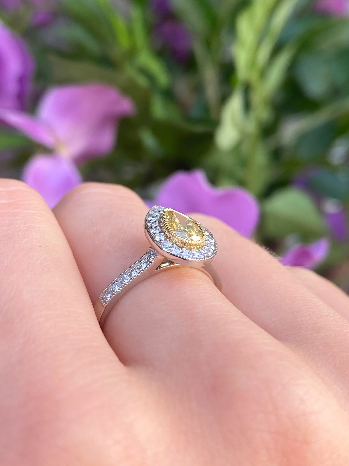 Rare Canary Lemon Yellow Diamond Pear Halo Platinum Ring | Size M