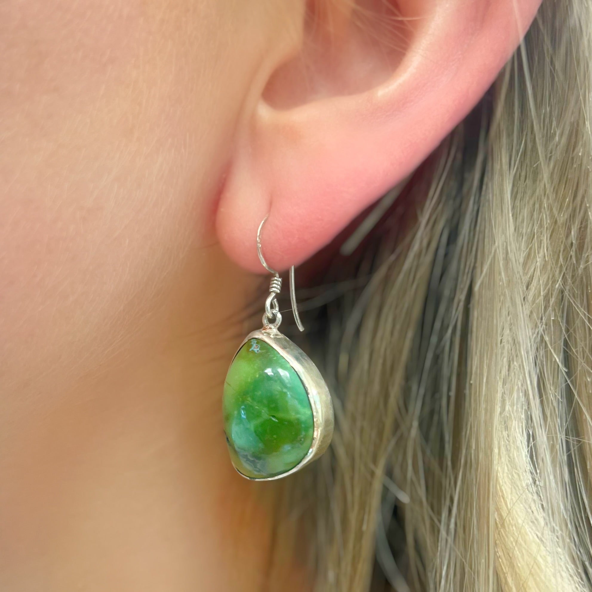 Irregular Shaped Green Turquoise Sterling Silver Drop Earrings