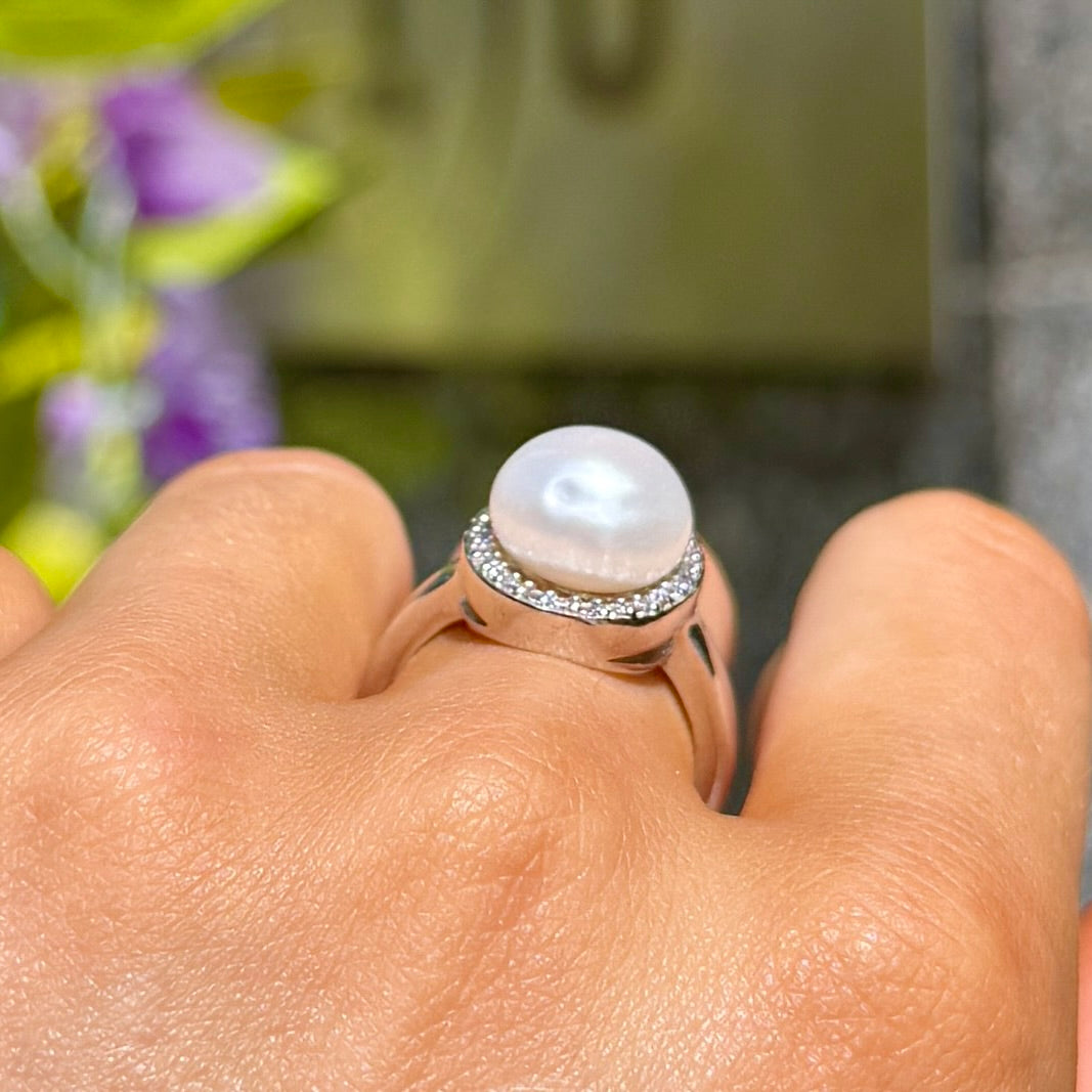 Cubic Zirconia and Pearl Sterling Silver Swirl Ring | Size M ½