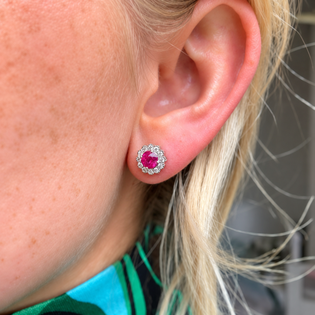 Ruby and Diamond 18ct White Gold Halo Stud Earrings