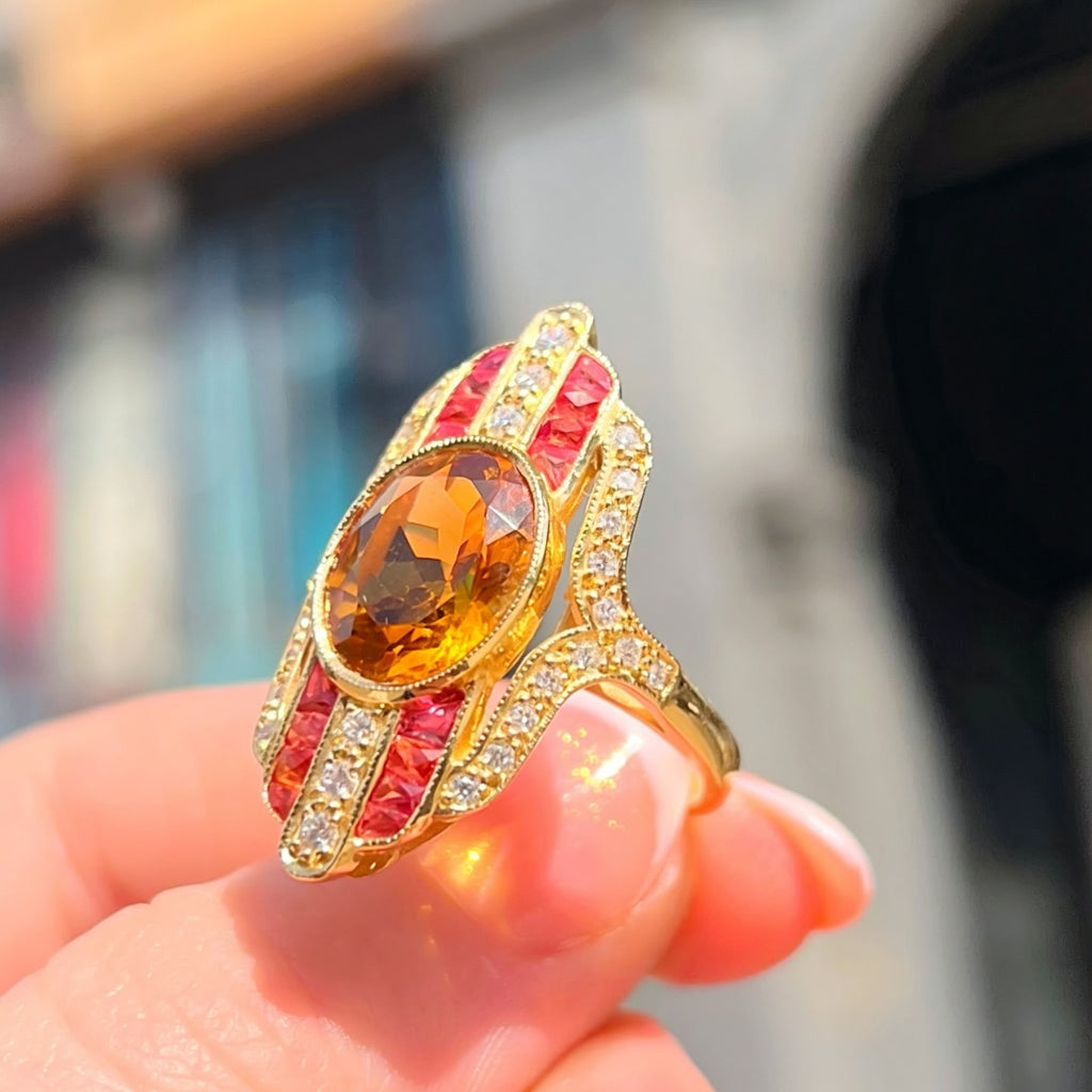 'The Soleil' Citrine, Orange Sapphire and Diamond 18ct Yellow Gold Cocktail Ring | Size M ½
