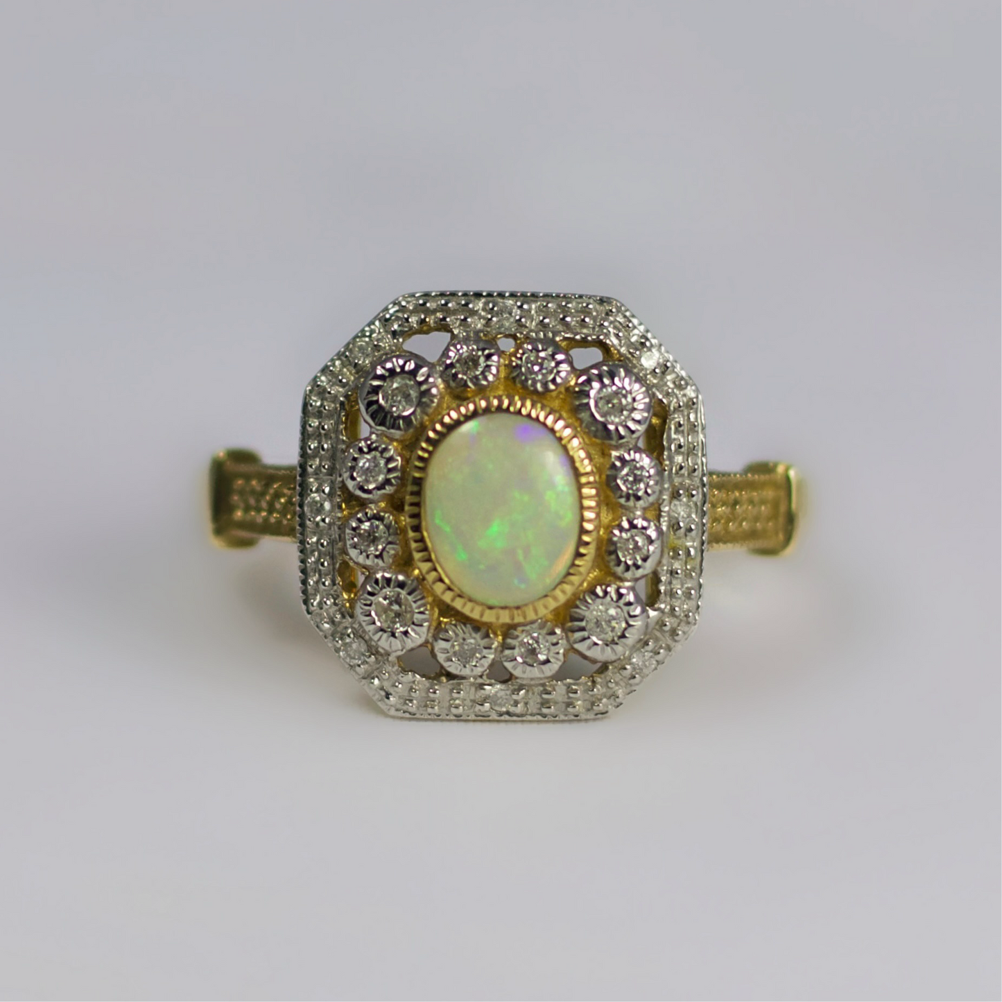 Opulent Art Deco Inspired 9ct Yellow Gold Octagonal Opal and Diamond Cluster Ring - Size O