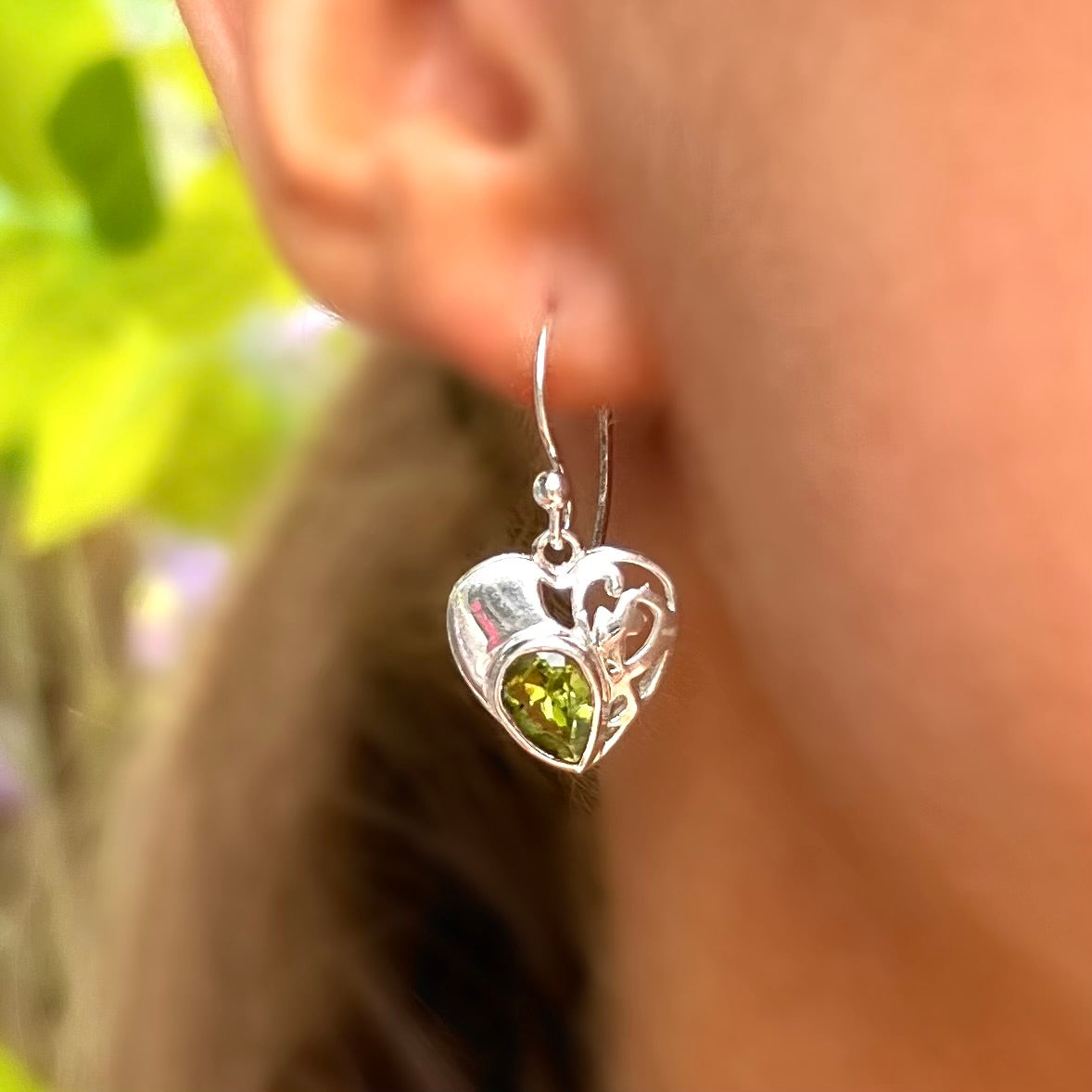 Sterling Silver Green Peridot Heart Drop Earrings