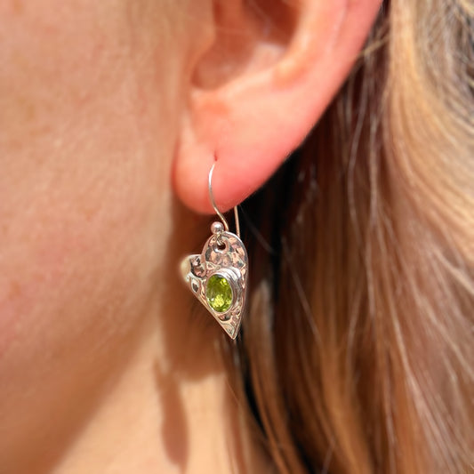 Sterling Silver Peridot Hammered Heart Drop Earrings