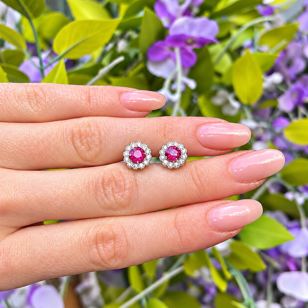 Ruby and Diamond 18ct White Gold Halo Stud Earrings