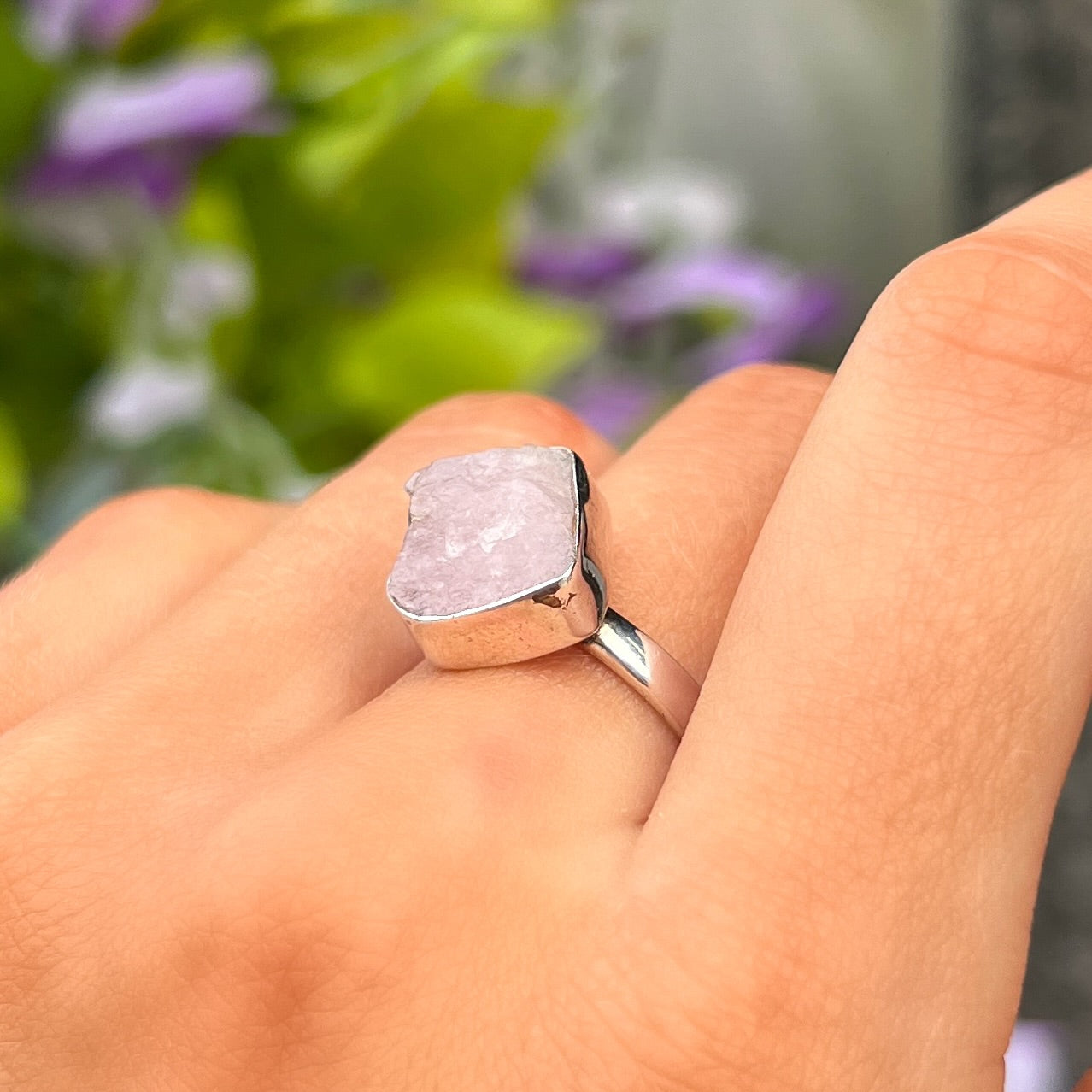 Sterling Silver Square Rough Cut Pink Rose Quartz Ring - Size O