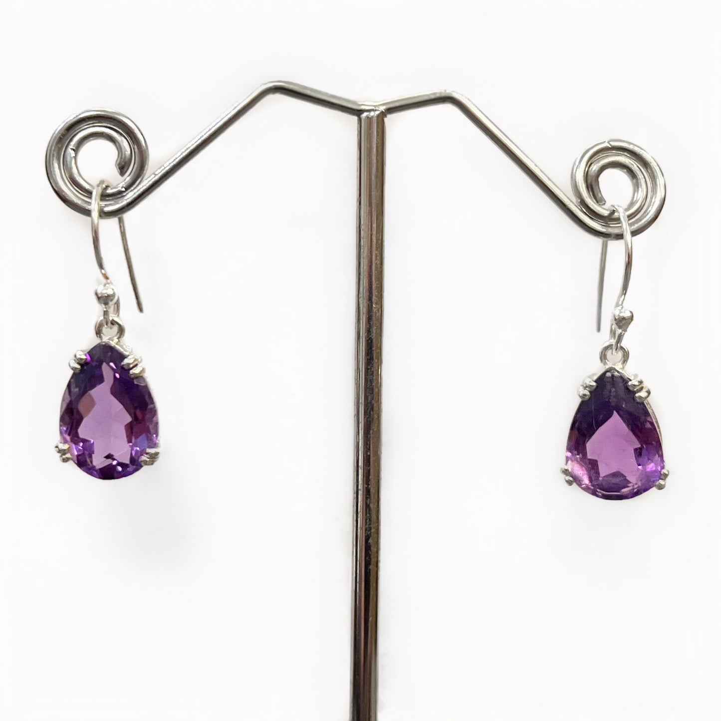 Sterling Silver Pear Shaped Amethyst Drop Earrings