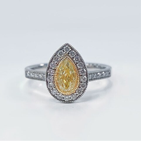 Rare Canary Lemon Yellow Diamond Pear Halo Platinum Ring | Size M