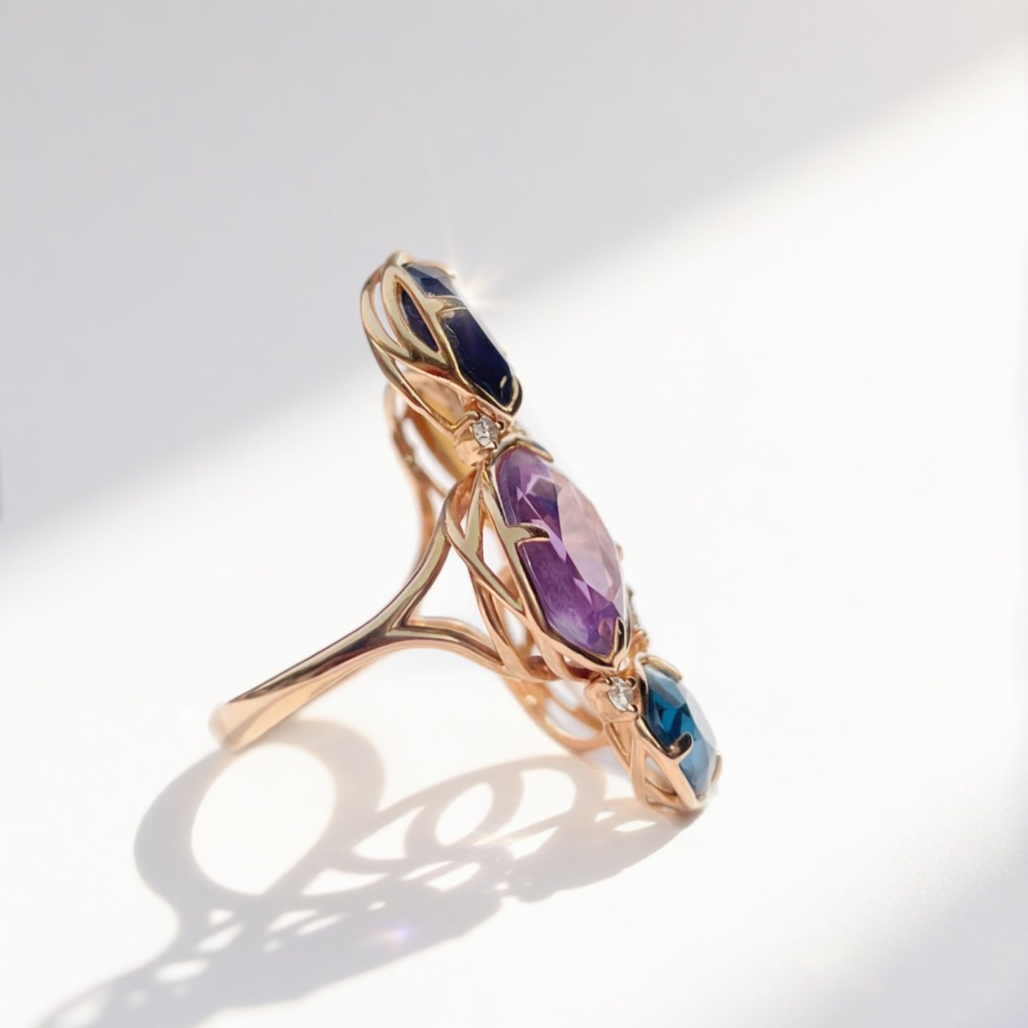 Peroni & Parise Chunky 14ct Rose Gold Rose Quartz, Iolite, Amethyst, Topaz, Opal and Diamond Statement Ring