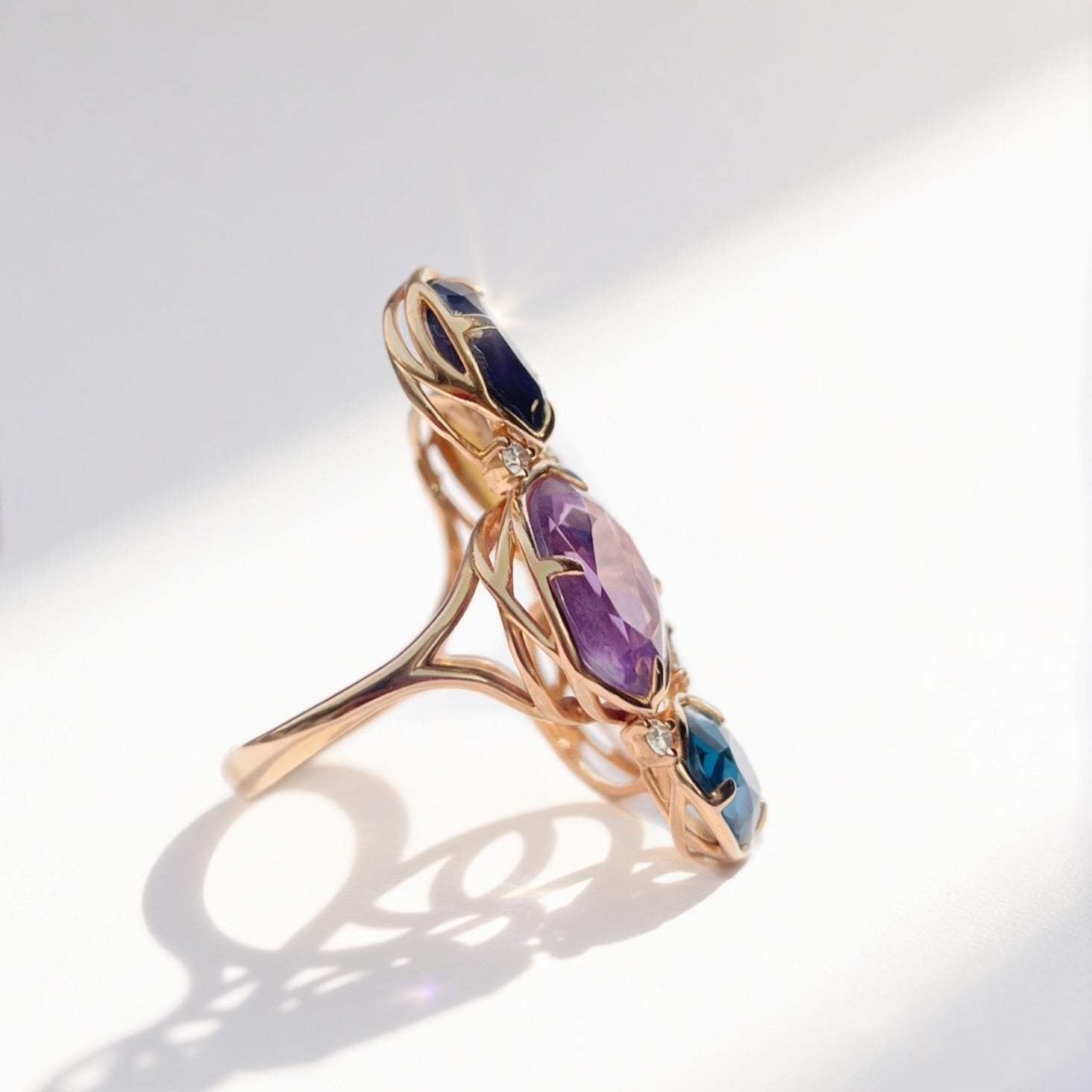 Rose Quartz, Iolite, Amethyst, Topaz, Opal and Diamond 14ct Rose Gold Chunky Ring | Peroni & Parise