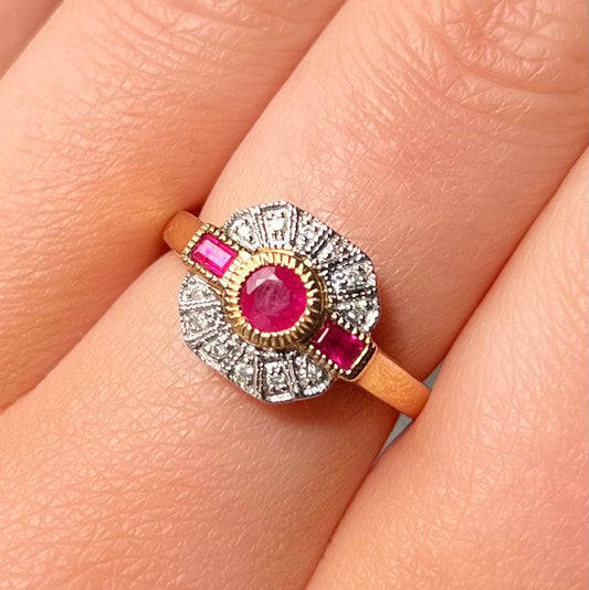 9ct Yellow Gold Art Deco Reproduction Red Ruby and Diamond Ring – Size N