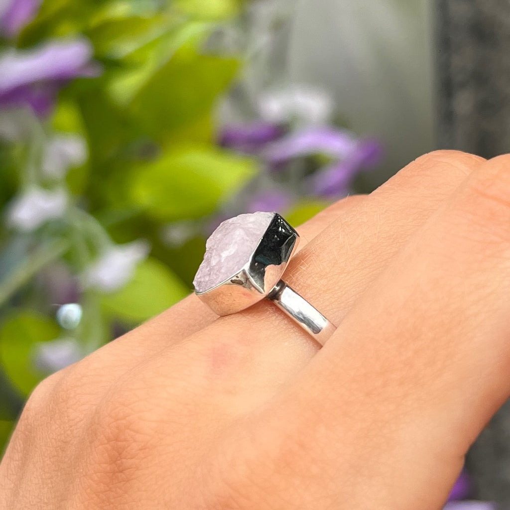 Square Rough Cut Rose Quartz Sterling Silver Ring | Size O