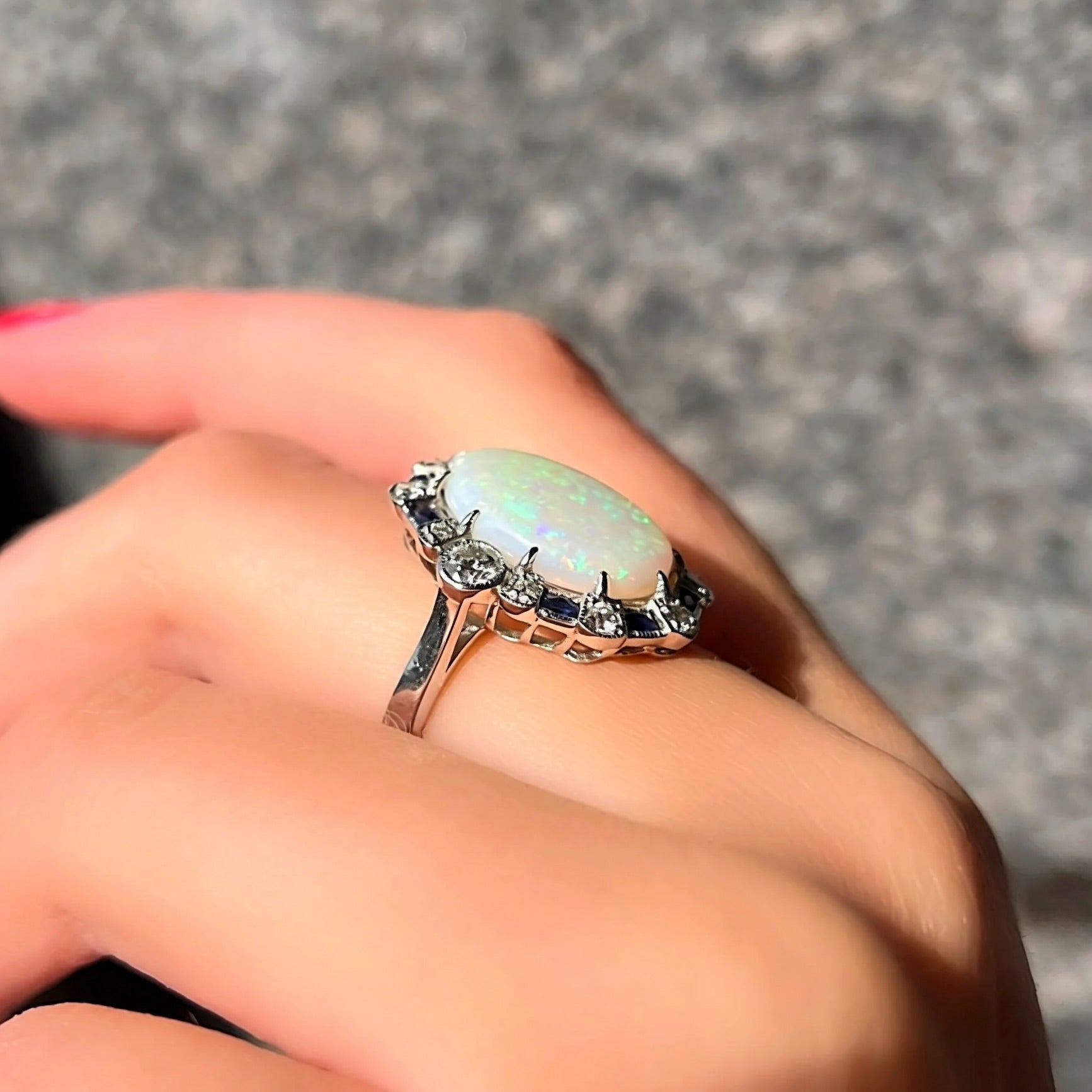 Art Deco Reproduction Opal, Sapphire and Diamond Platinum Ring | Size N ½