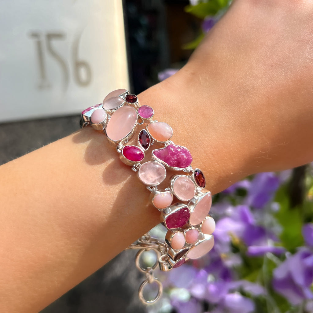 Ruby, White Pearl, Rose Quartz & Clear Quartz Sterling Silver Chunky Bracelet