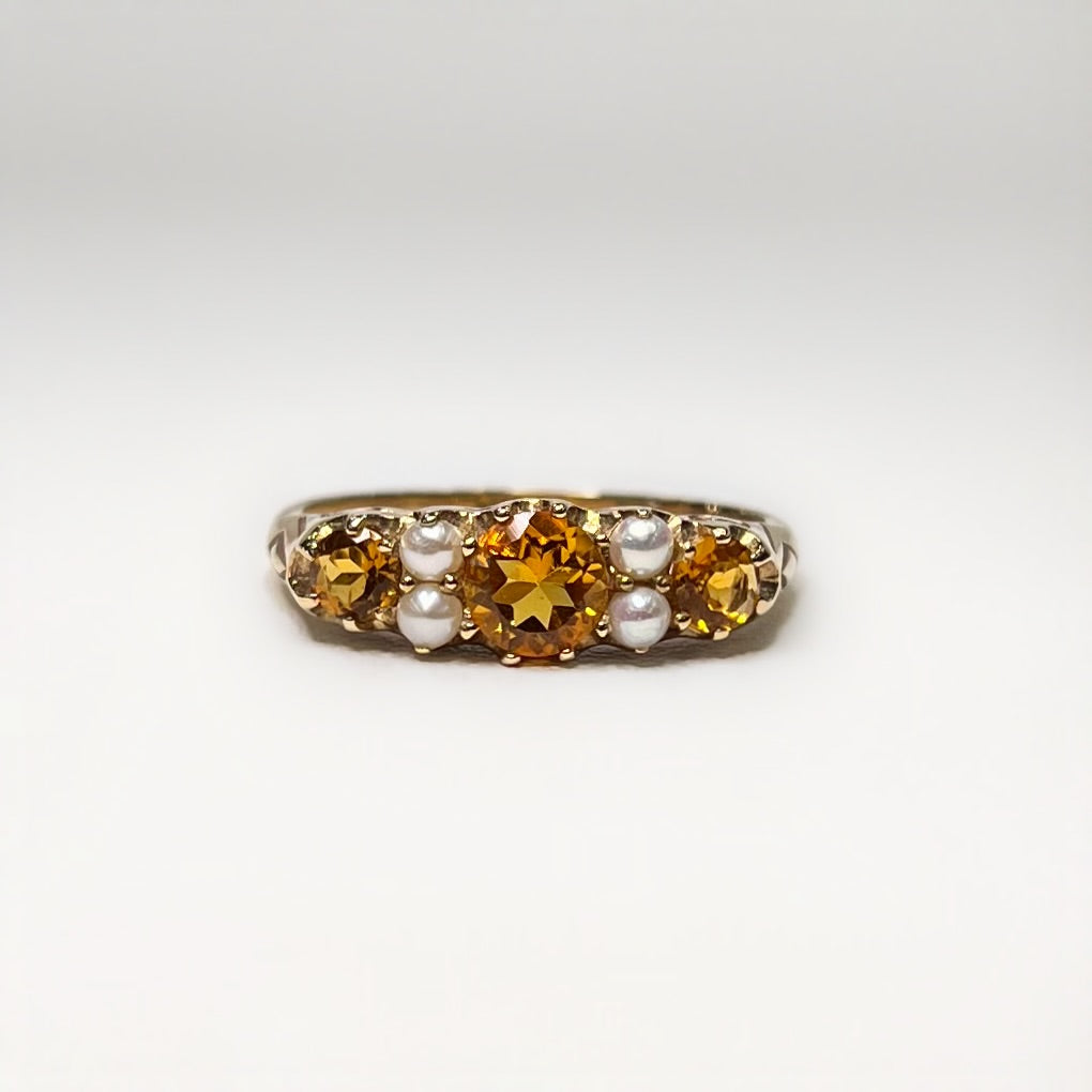 Edwardian Inspired Ornate 9ct Yellow Gold Citrine and Pearl Ring - SIZE O