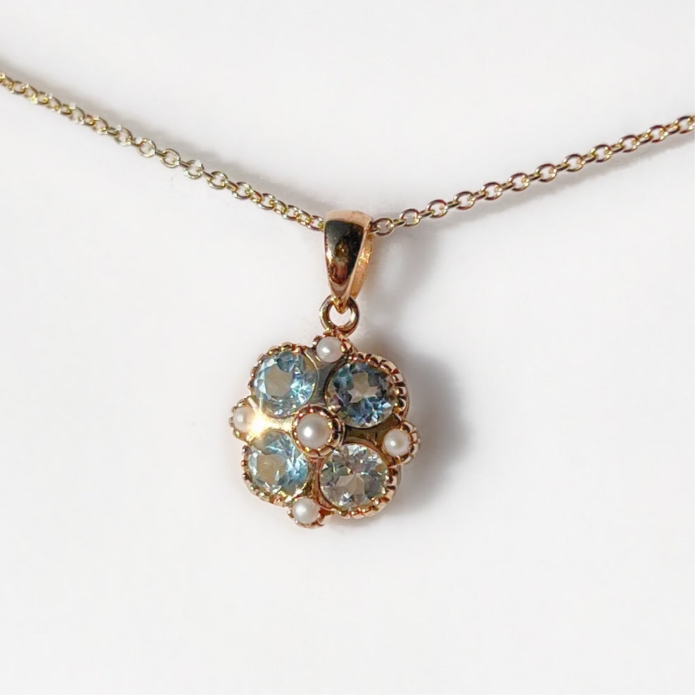 9ct Yellow Gold Aquamarine and Seed Pearl Necklace