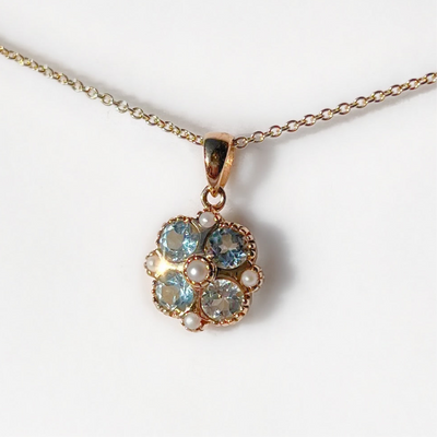 Aquamarine and Seed Pearl 9ct Yellow Gold Necklace