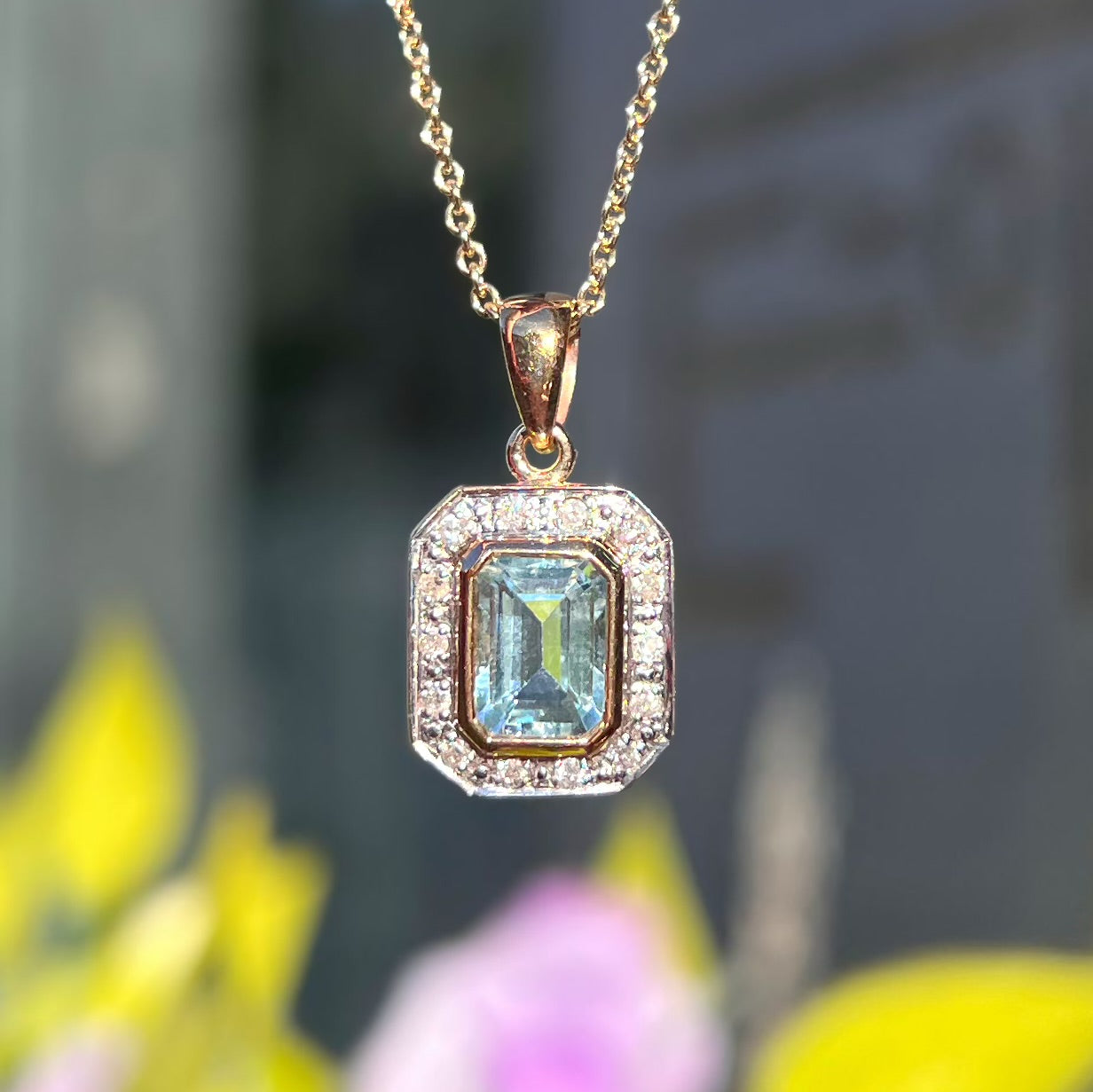 Aquamarine and Diamond Dainty Art Deco Inspired 9ct Yellow Gold Necklace