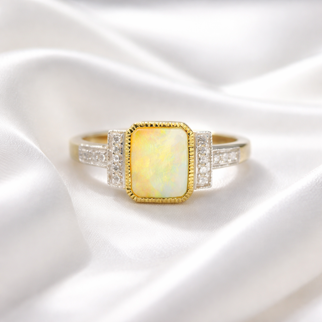 'The Opalina' Rectangular Opal and Diamond 9ct Yellow Gold Ring | Size K