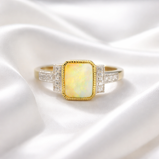 The Opalina Ring - Rectangular 9ct Yellow Gold Opal and Diamond- Size K