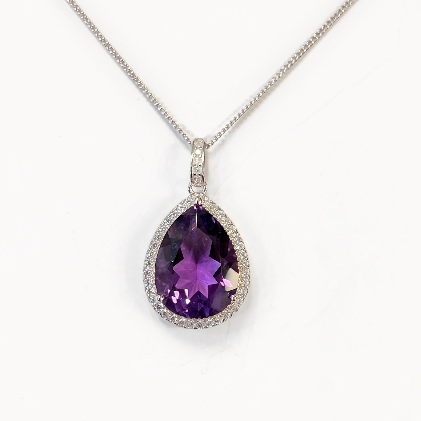 Sparkling Sterling Silver Pear Shaped Amethyst and Cubic Zirconia Necklace