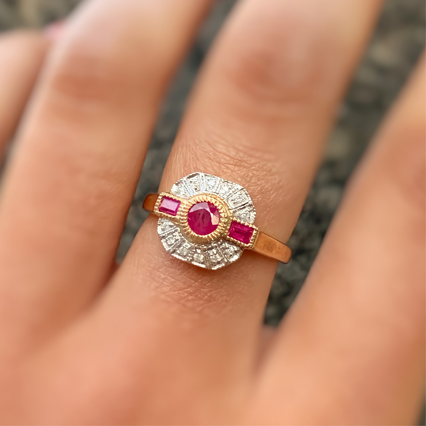 9ct Yellow Gold Art Deco Reproduction Ruby and Diamond Ring – Size N