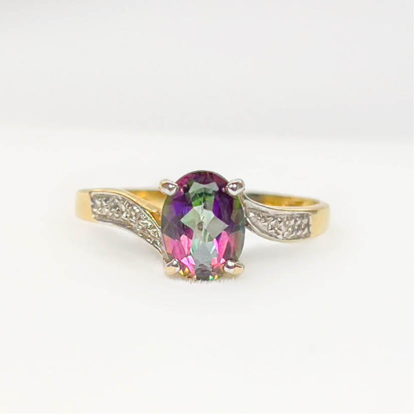 Vintage 9ct Yellow Gold Magical Mystic Topaz and Diamond Twist Ring - Size P