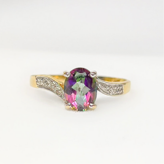 Vintage 9ct Yellow Gold Magical Mystic Topaz and Diamond Twist Ring - Size P