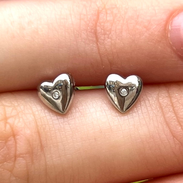 ‘D For Diamond’ Sterling Silver Mini Heart Diamond Stud Earrings